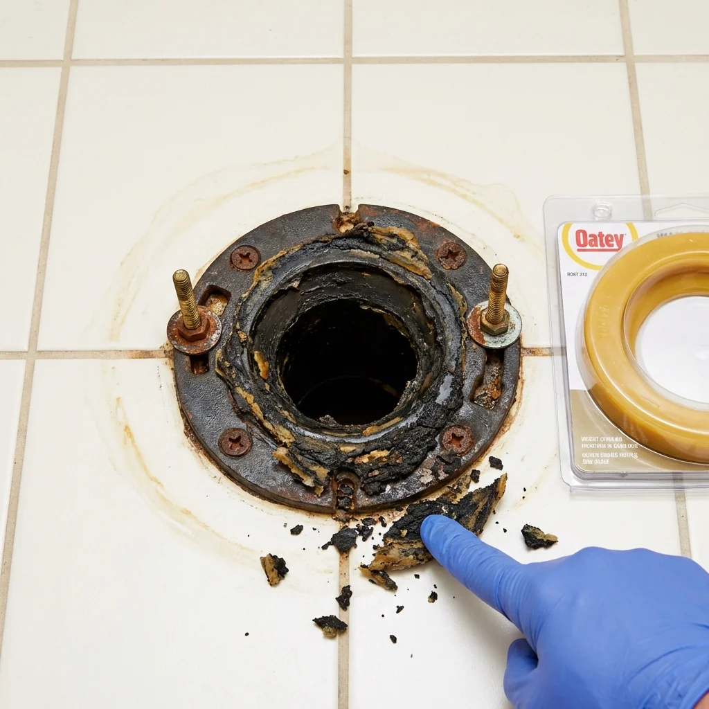 Failed wax ring showing water seepage at the base of a toilet in a Elkton, VA home